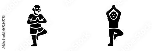 Senior man doing yoga tree pose for balance and wellness, black silhouette icon set for fitness and exercise concepts