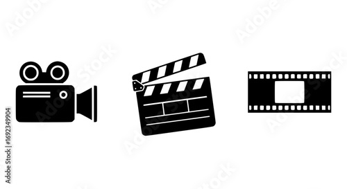 Iconographic representation of filmmaking elements camera clapperboard film reel icons