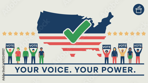 Illustration of united states map with checkmark and people holding vote signs promoting civic engagement