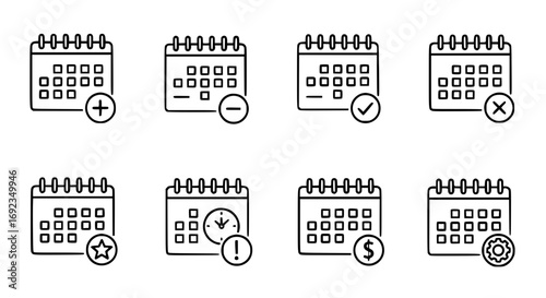 Calendar icons collection featuring date selection actions and symbols for scheduling and planning