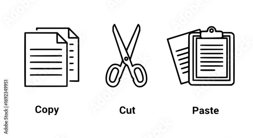 Simple icons representing copy cut and paste actions in digital interfaces