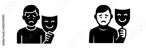 Individual concealing deep sadness and depression behind a happy smiling mask representing emotional disguise and mental health issues