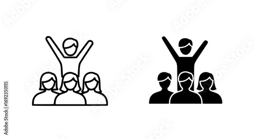 Successful team leader celebrates victory with group of people silhouette icon set