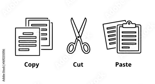 Simple line icons for copy cut paste operations in digital interfaces and documents