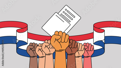 Raised fists of diverse people with ballot and ribbon representing voting rights and democracy shown