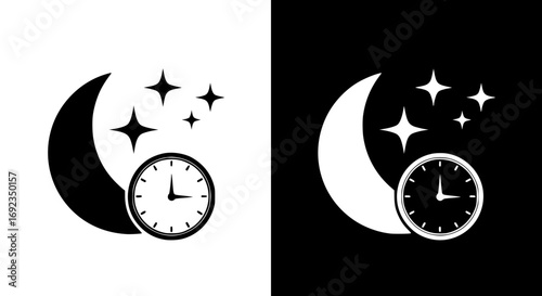 Crescent moon clock and stars icon set for nighttime and timekeeping visuals