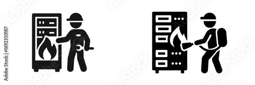 Server room fire emergency icon set with IT technician and firefighter extinguishing a burning data center rack