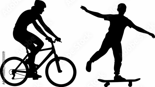 Silhouette of a person riding a bicycle and another person skateboarding with arms outstretched for balance