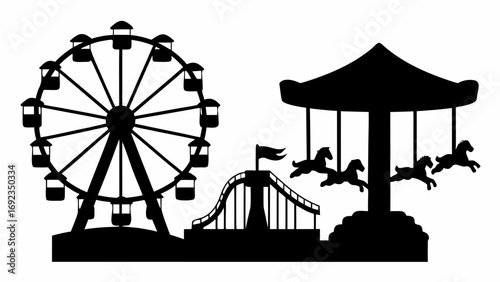 Silhouette of a ferris wheel carousel and roller coaster creating an amusement park scene in black and white