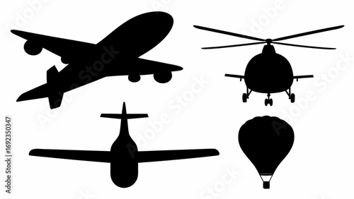 Silhouette depiction of an airplane, helicopter, biplane and hot air balloon against a white background