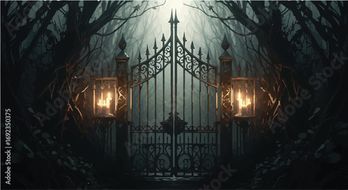 Mysterious ornate gate guarded by glowing lanterns in a dark, foreboding forest.