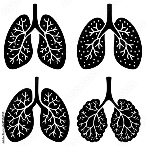 Four anatomical lung illustrations with varying internal structures in black and white color scheme