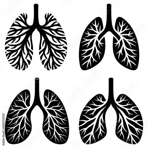 Four stylized black lung illustrations with varying levels of detail on a white background display