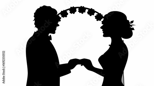Silhouette of a bride and groom holding hands under a floral archway on a white background scene