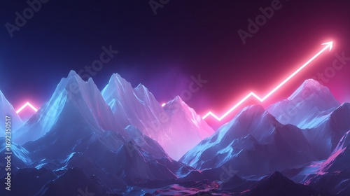 Red and purple laser curve light with K-line trend, neon style mountain peak abstract background illustration for fintech concept design and data visualization
