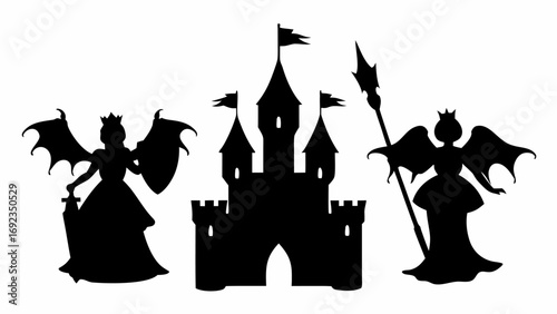 Silhouette of a castle flanked by winged queens holding a sword and spear in a fantasy setting scene