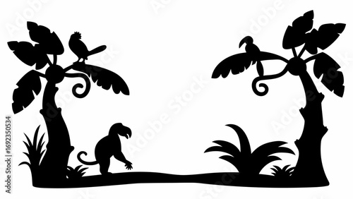 Silhouette of two palm trees with birds and a monkey in a tropical jungle setting is displayed here
