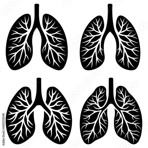 Four lung illustrations showing the respiratory system with branching airways in black and white colors