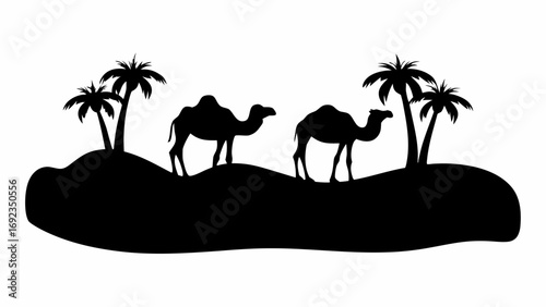 Two camels standing on a silhouetted desert island with palm trees in a black and white illustration