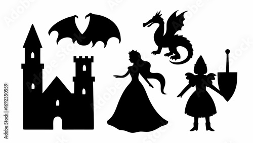 Silhouette image of a castle, bat, dragon, princess, and knight with a sword and shield design
