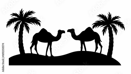 Silhouette of two camels facing each other between palm trees on a sandy dune landscape view scene