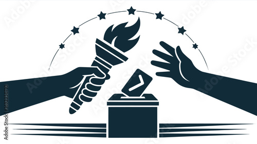 Illustration of hands torch ballot box stars depicting voting and democratic ideals concept