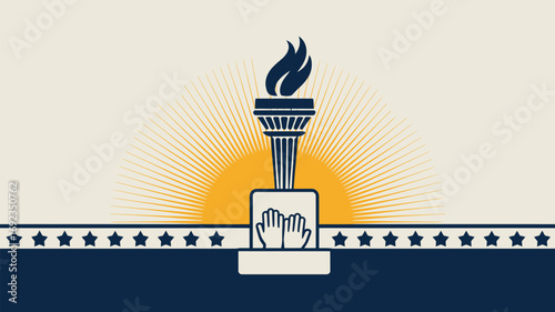 Torch with flame and hands graphic design on a background with stars and sun rays illustration