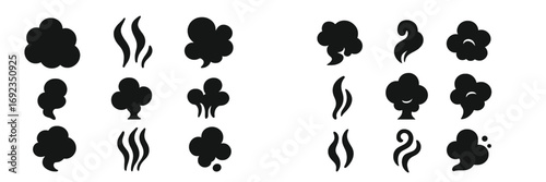 Collection of black smoke, steam, and smell icons for design elements. Cartoon vapor cloud shapes and comic puff symbols isolated on a white background