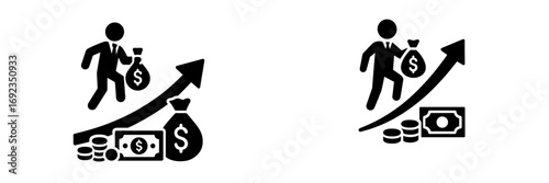 Businessman walking up a growth arrow with a money bag icon set for financial success and investment profit