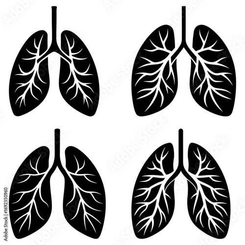 Four stylized black lung illustrations with detailed bronchial structures on a white background image