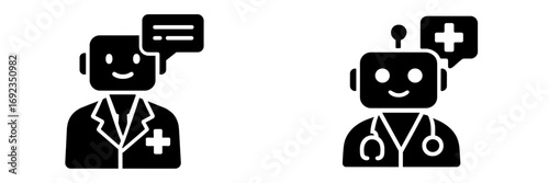 Medical chatbot and AI doctor glyph icon set for healthcare technology and virtual assistance concepts on a white background