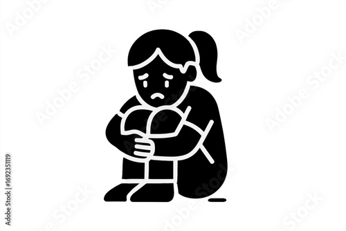 Sad girl sitting alone hugging her knees glyph icon for mental health and depression concept isolated on white background