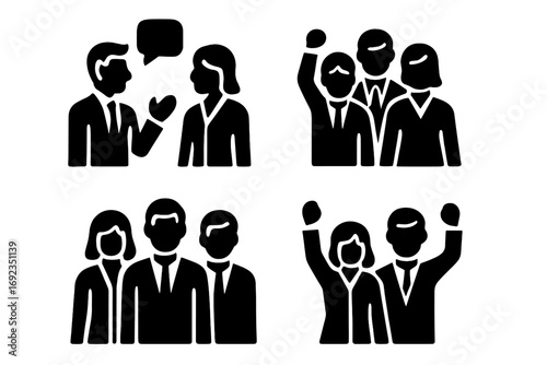 Black silhouette symbols of business people for communication, teamwork, and protest, depicting corporate life and social activism