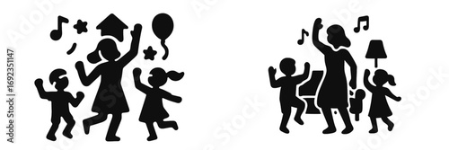 Happy family celebration silhouette with mother and children dancing to music at a lively party and at home
