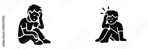 Black silhouette icon of a young person experiencing stress, depression, and headache, isolated on white