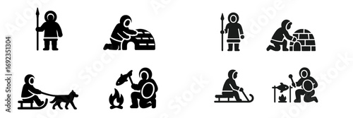Inuit life and arctic culture glyphs depicting traditional activities like hunting, igloo building, and dog sledding
