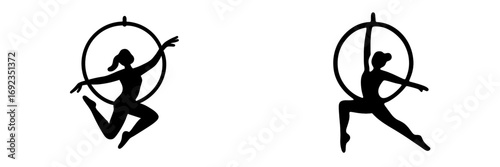 Set of black silhouettes of a graceful female gymnast performing acrobatic elements on an aerial hoop or lyra