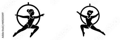 Silhouette of a female aerialist performing on a lyra hoop in two different poses showing flexibility and strength for circus or fitness concepts