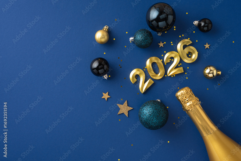 Fototapeta premium Golden numbers and ornaments arranged with champagne bottle, symbolizing New Year's Eve 2026