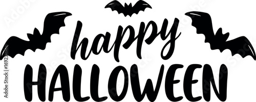 Spooky Happy Halloween greeting with flying bat silhouettes. A black and white typographic design for holiday celebrations, invitations, and party decorations