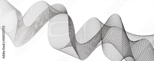 Abstract digital wave pattern consisting of smooth, flowing lines in a teal gray gradient. Waves curve and overlap fluidly, stretching horizontally across with soft gradients.Freshness.