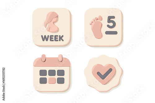Maternity Journey Tracking Icons Set with Pregnancy Week Calendar Baby Foot and Heart Symbols
