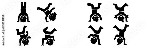 Set of black silhouette icons depicting people doing handstands and breakdancing moves in various active poses isolated on a white background