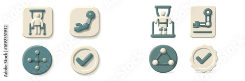 Contemporary set of accessibility, medical technology, rehabilitation, and network connection symbols with approval marks in a soft 3D style