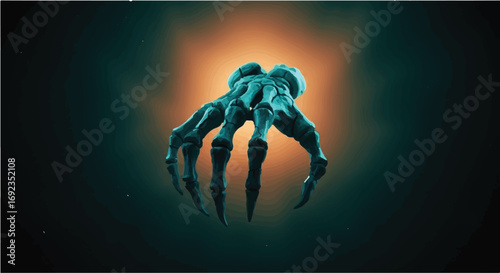 Eerie skeletal hand emerges from smoky darkness with an ominous glow