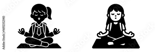 Black glyph icon set of a student girl meditating in a yoga lotus pose for school mindfulness and mental health wellness
