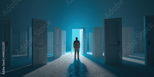 A person standing among many doors against a blue background. Choice, priority, your own path. Life choices, opportunities, or uncertainty psychology or coaching  