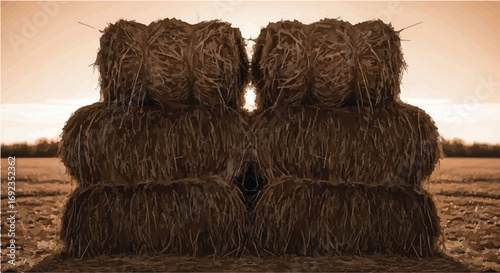 Golden hour illuminates stacked hay bales in a vast, tranquil field, evoking rustic harvest and rural simplicity.