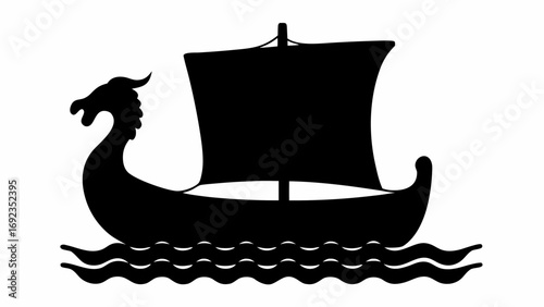 Silhouette of a viking ship with a dragon head sailing on wavy water in a black and white design