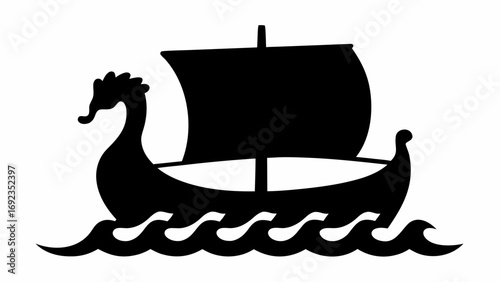 Silhouette of a viking ship with a dragon head sailing on wavy water in a simple black and white design